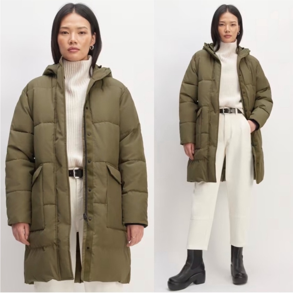 Everlane The Renew Puffy Jacket Long. Olive Green, size XS